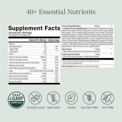 Superfood Blend Drink Mix with 40+ Greens & Vegetables - Plant-Based, Natural Unflavored Powder in Easy Mix Packets for Daily Wellness (15 Packets)