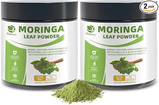 Organic Moringa Powder & Matcha Powder, Multi-Green Superfoods with Green Tea Resveratrol - Energy and Digestive Support, Rich in Antioxidants and Vitamin A D3 E B6 B12 Calcium, Non-GMO, Vegan, 16 oz