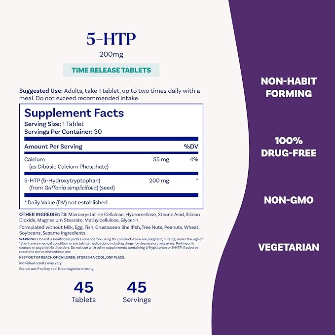 Natrol 5-HTP 200 mg, Time Release, Support a Balanced Mood, Dietary Supplement Provides Serotonin Production Throughout the Day, 30 Tablets, Up to a 30 Day Supply