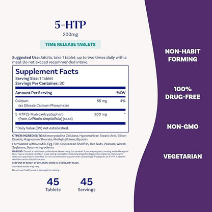 Natrol 5-HTP 200 mg, Time Release, Support a Balanced Mood, Dietary Supplement Provides Serotonin Production Throughout the Day, 30 Tablets, Up to a 30 Day Supply