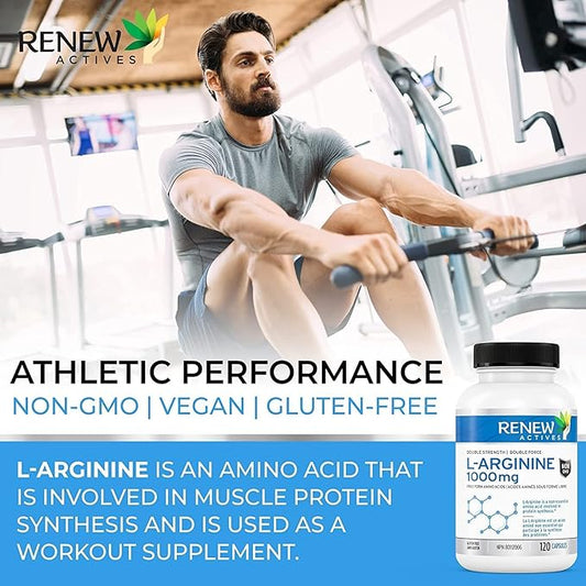 Renew Actives L-Arginine Supplement 1000MG for Serving - Strength & Endurance, Essential for Protein Synthesis & Muscle Function, Physical Performance Booster - Made in Canada - 120 Tablets