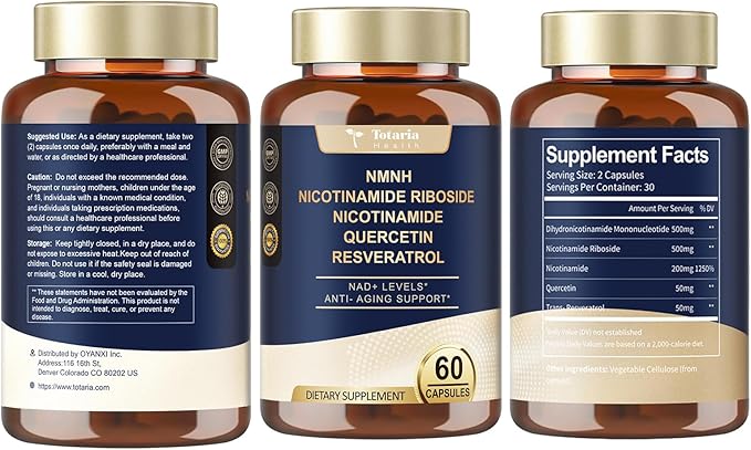 NMNH (NAD or NMN Alternative Supplement) (Dihydronicotinamide Mononucleotide) Ultra Strength, NAD+ Support w/NR, Resveratrol & Quercetin, Ultra Absorption for Anti-Aging, Vegan, USA Made