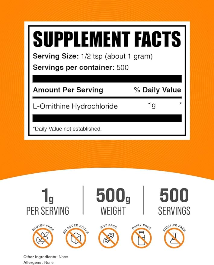 BulkSupplements.com L-Ornithine HCl Powder - Ornithine Supplement, Amino Acids Supplement - Gluten Free, 1g per Serving, 500g (1.1 lbs) (Pack of 1)