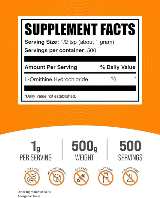 BulkSupplements.com L-Ornithine HCl Powder - Ornithine Supplement, Amino Acids Supplement - Gluten Free, 1g per Serving, 500g (1.1 lbs) (Pack of 1)