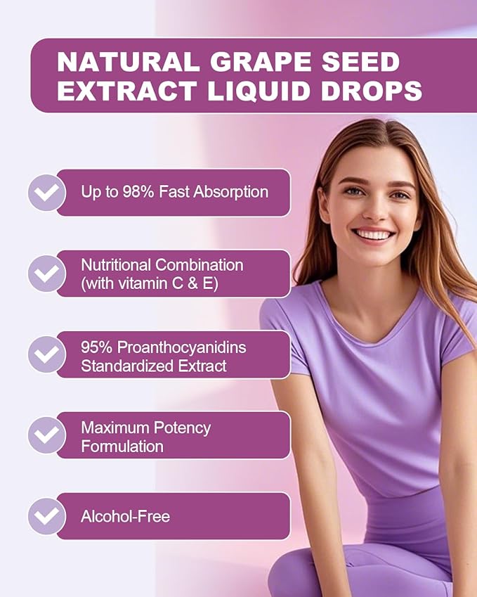 Grape Seed Liquid Drops, Organic Grape Seed Extract Supplement Standardized to 95% Polyphenols, High Absorption Vitis Vinifera Seed Tincture with Vitamin C & E, Alcohol Free, Non-GMO (4 FL OZ)