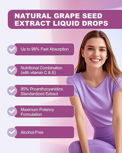 Grape Seed Liquid Drops, Organic Grape Seed Extract Supplement Standardized to 95% Polyphenols, High Absorption Vitis Vinifera Seed Tincture with Vitamin C & E, Alcohol Free, Non-GMO (4 FL OZ)