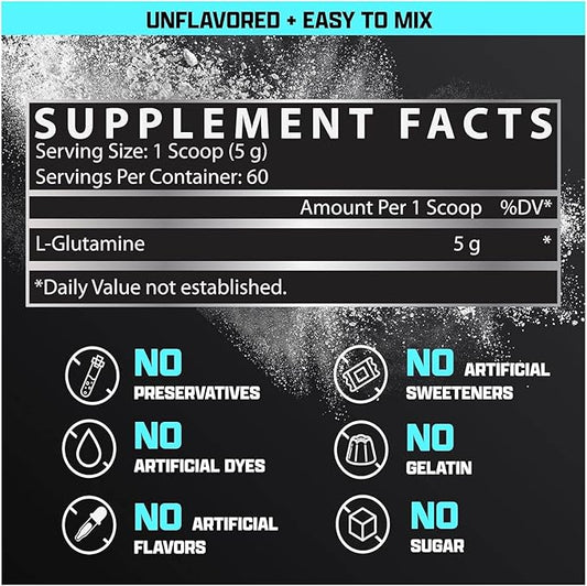 Nutrex Research L-Glutamine Powder Supplement - 60 Serving - Pure Unflavored, Non-GMO & Gluten Free | No Clumps!