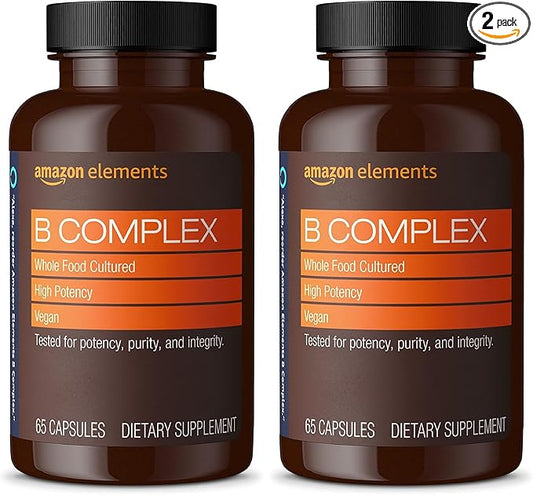 Amazon Elements B Complex, High Potency, 83% Whole Food Cultured, Supports Immune and Normal Energy Metabolism, Vegan, 65 Capsules, 2 Month Supply (Packaging May Vary) (Pack of 2)