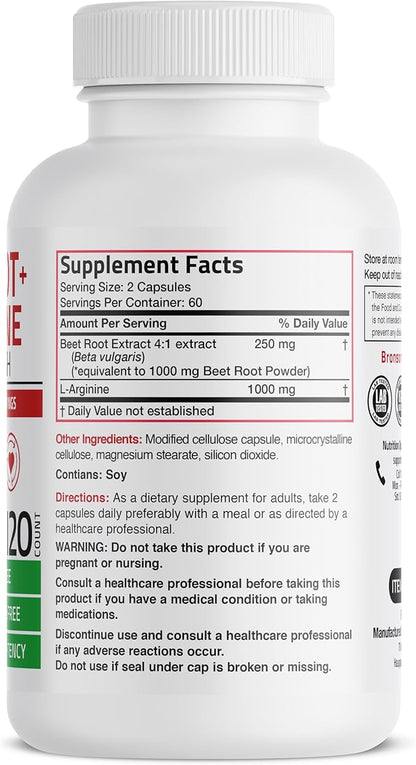 Bronson Beet Root + L-Arginine Nitric Oxide Production- Non-GMO, 120 Vegetarian Capsules
