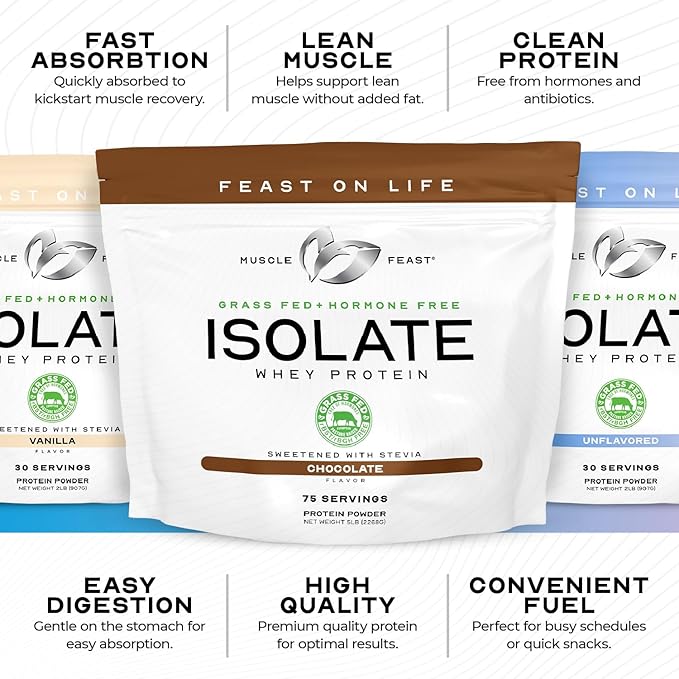 Muscle Feast Grass-Fed Whey Protein Isolate, All Natural Hormone Free Pasture Raised, Whey Isolate Protein Powder for Men and Women, Clean, Gluten-Free, Delicious Isolate Protein - Vanilla, 2lb
