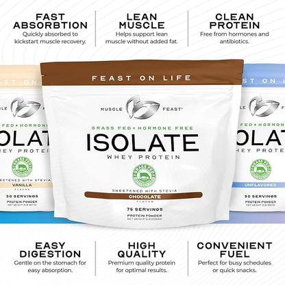 Muscle Feast Grass-Fed Whey Protein Isolate, All Natural Hormone Free Pasture Raised, Whey Isolate Protein Powder for Men and Women, Clean, Gluten-Free, Delicious Isolate Protein - Vanilla, 2lb