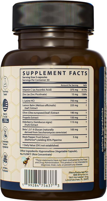 L Lysine Cold Sore Treatment Support, Herbal Cold Sore Supplement w/Zinc Picolinate, Olive Leaf Extract, Beta Glucan, & Bee Propolis for Skin & Lip Health, 90 Capsules