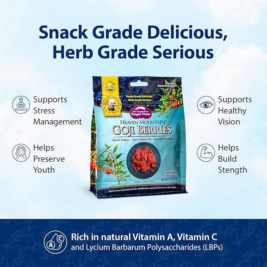 Dragon Herbs Heaven Mountain Goji Berries | Single Serving 1 oz Packet | Moist & Plump - The ONE & Only Snack Grade Goji | Fight Stress |Gain Strength | Preserve Youth | Eye Vision Tonic | 100% Sun