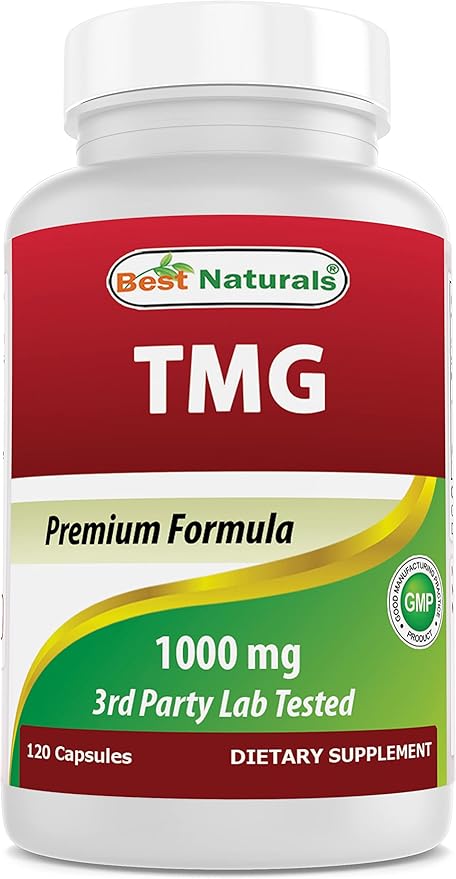 Best Naturals TMG Trimethylglycine (as Betaine Anhydrous) 1000 mg Serving - 120 Capsules - Healthy Homocysteine Levels & Methylation Support (120 Count (Pack of 1))
