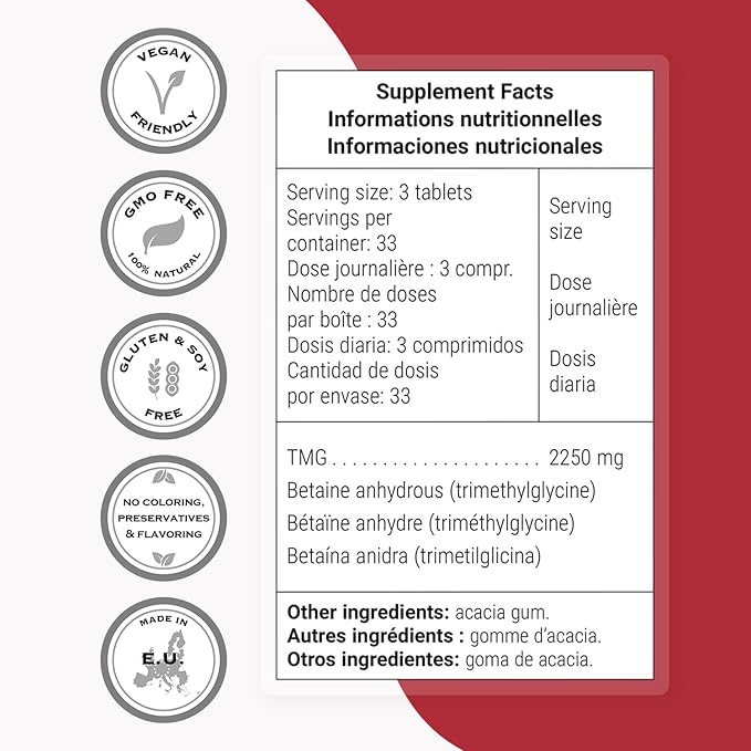 Supersmart TMG 2250mg per Day (High Strength) - TMG Trimethylglycine - Betaine Anhydrous Supplement | Non-GMO & Gluten Free - 100 Tablets