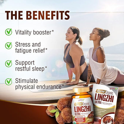 LABO Nutrition Bioactive Organic Lingzhi Reishi Ultra 7 Mushroom Extract Supplement Reishi Cordyceps Maitake Turkey Tail Agaricus blazei Murill Shiitake for Immune Support, Vitality, USDA Organic