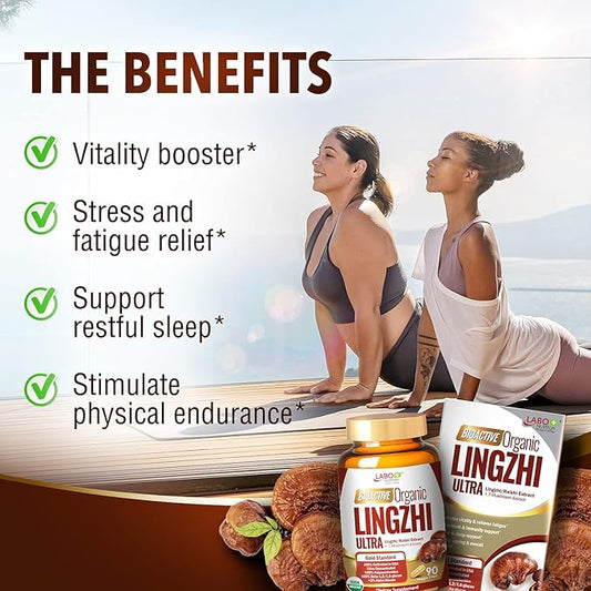 LABO Nutrition Bioactive Organic Lingzhi Reishi Ultra 7 Mushroom Extract Supplement Reishi Cordyceps Maitake Turkey Tail Agaricus blazei Murill Shiitake for Immune Support, Vitality, USDA Organic