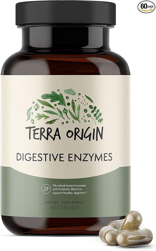 TERRA ORIGIN Digestive Enzymes with Probiotics & Prebiotics | 60 Capsules | Supports Digestive Gut Health | Non GMO, Gluten Free, Vegan | for Women and Men