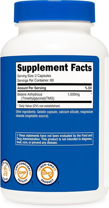Nutricost Betaine Anhydrous Capsules 1500mg, 60 Servings - Gluten Free, Non-GMO, 750mg Per Cap, 120 Capsules