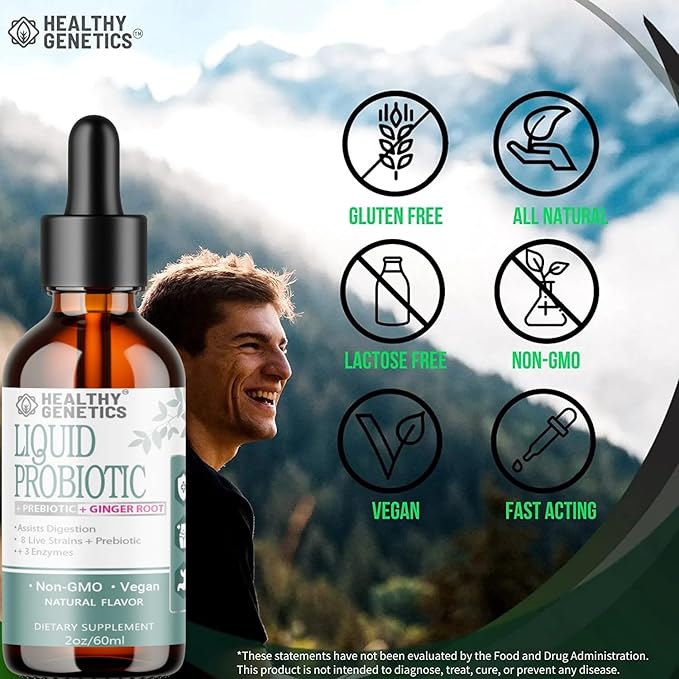 Liquid Probiotics for Women Men & Kids | Prebiotic +Ginger + Probiotics for Digestive Health | Acidophilus Probiotic | Dairy Free | Vegan | Non-GMO | Gluten Free | 30 Servings