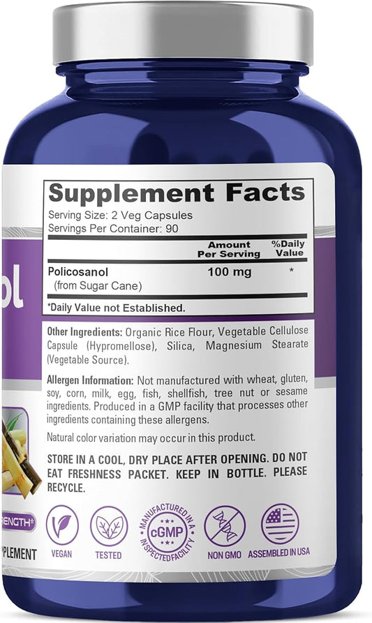 NusaPure Policosanol 100mg 180 Veggie Capsules (Vegan, Non-GMO)