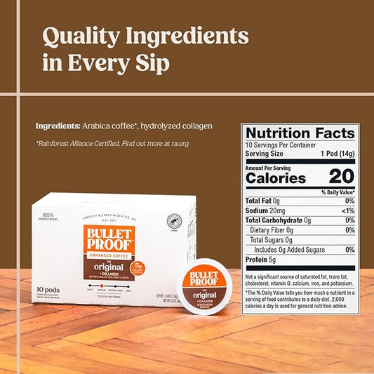 Bulletproof Coffee + Collagen Single-Serve Coffee Pods, 10 Count, 100% Arabica Beans, Clean Coffee Tested for Toxins, Packaging May Vary
