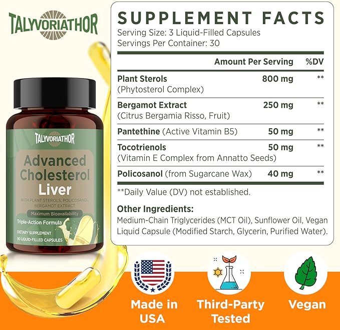 Advanced Cholesterol Supplements | Liquid-Filled Capsules for Maximum Absorption | Plant Sterols, Policosanol, Bergamot Extract | Triple-Action Formula,180 Capsules