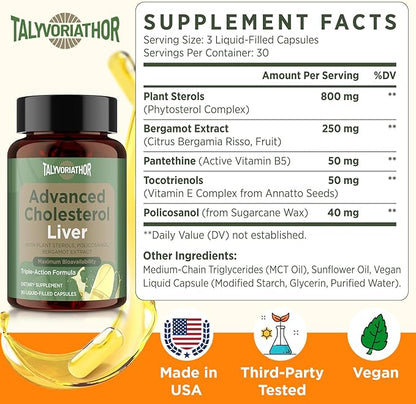 Advanced Cholesterol Supplements | Liquid-Filled Capsules for Better Absorption | Plant Sterols, Policosanol, Bergamot Extract | Triple-Action Formula,90 Capsules