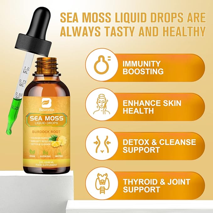 Sea Moss Liquid Drops - Organic Irish Sea Moss Gel with Spirulina, Bladderwrack, Burdock Root, Pinapple Seamoss Gel Supplement for Joint, Detox Cleanse & Digestion Support - 2 Fl Oz, Vegan