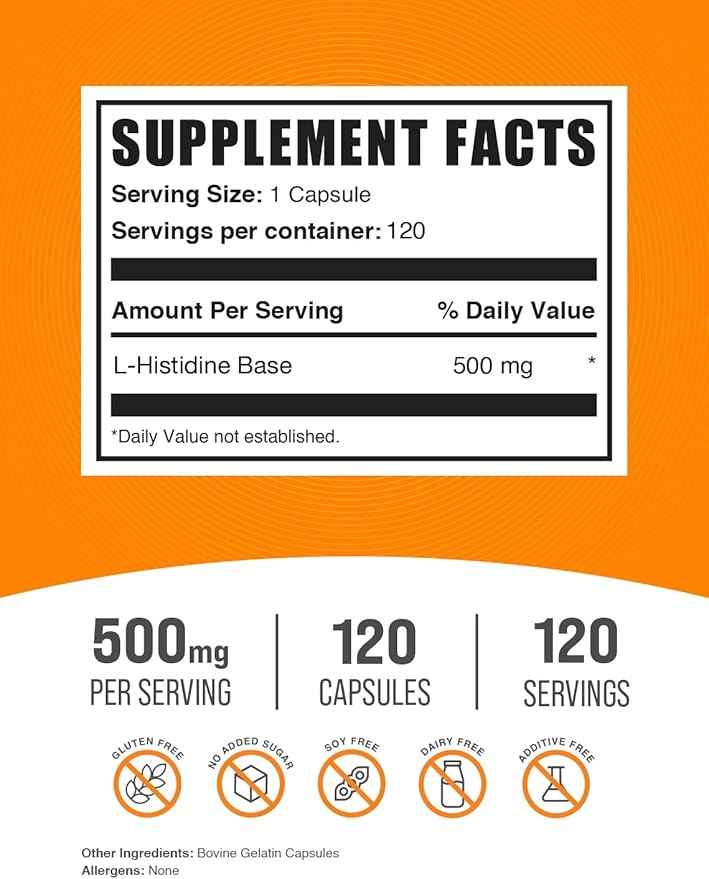 BulkSupplements.com L-Histidine Capsules - as L-Histidine Base, Histidine Supplement - Essential Amino Acid & Gluten Free, 1 Capsule per Serving, 120 Capsules (Pack of 1)