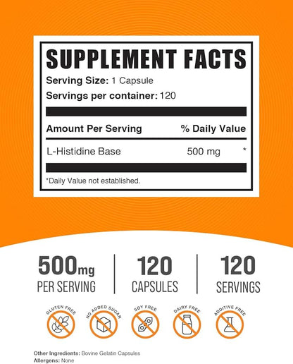 BulkSupplements.com L-Histidine Capsules - as L-Histidine Base, Histidine Supplement - Essential Amino Acid & Gluten Free, 1 Capsule per Serving, 120 Capsules (Pack of 1)