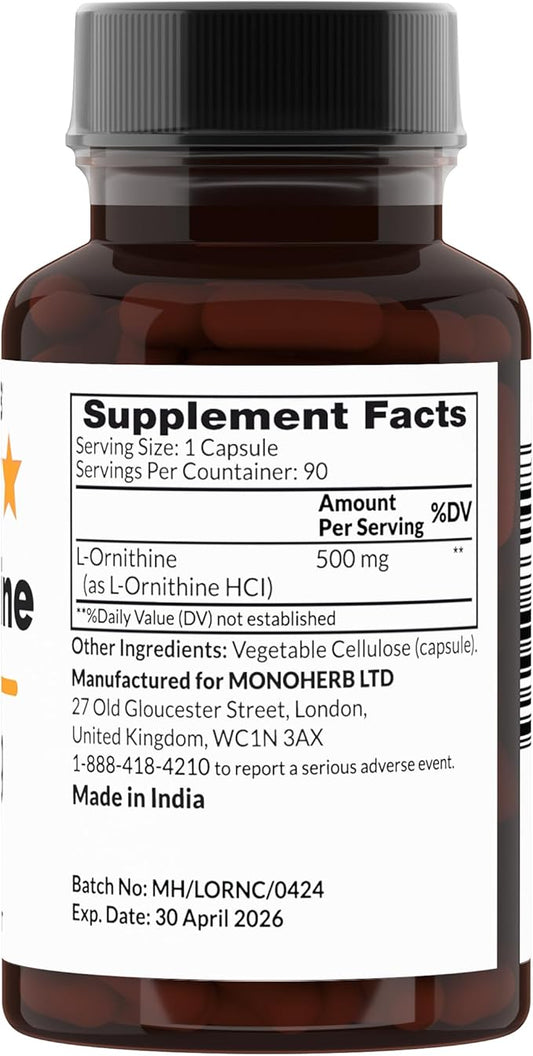 L-Ornithine 500 mg - 90 Veg Capsules - 90 Servings