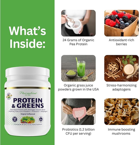 Paradise Herbs ORAC Energy Protein & Greens Powder, Antioxidant Power of 24 Servings of Fruits & Vegetables in 1 Scoop + 20g Protein, Unflavored, 15 Servings