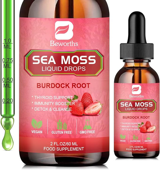 Sea Moss Liquid Drops - Organic Irish Sea Moss Gel with Spirulina, Bladderwrack, Burdock Root, Seamoss Gel Supplement for Joint, Gut Cleanse & Digestion Support - 2 Fl Oz, Vegan