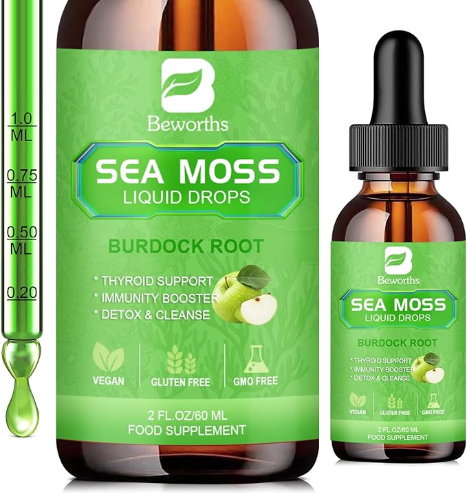 Sea Moss Liquid Drops - Organic Irish Sea Moss Gel with Burdock Root, ACV, Vitamin C, B12, Seamoss Gel Supplement for Boost Defense System, Detox Cleanse & Digestive Support - 2 Fl Oz