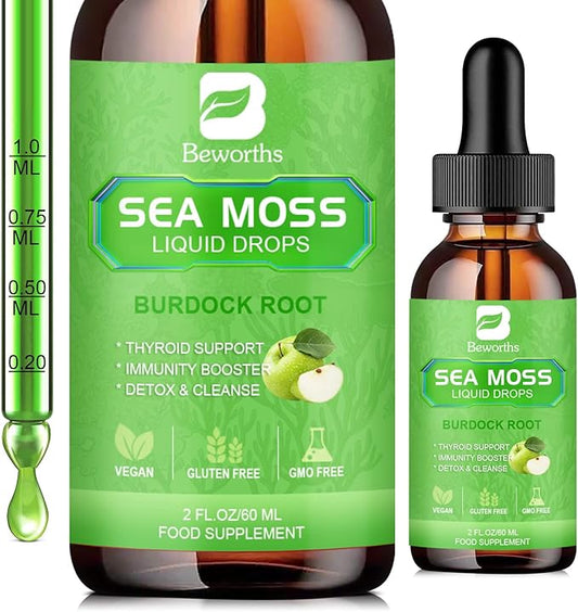 Sea Moss Liquid Drops - Organic Irish Sea Moss Gel with Burdock Root, ACV, Vitamin C, B12, Seamoss Gel Supplement for Boost Defense System, Detox Cleanse & Digestive Support - 2 Fl Oz