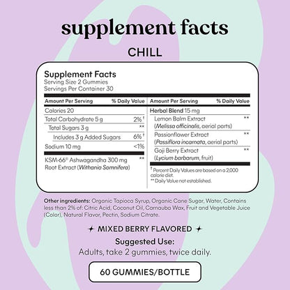 Lemme Chill Stress Relief Gummies with 300mg KSM-66 Ashwagandha, Lemon Balm, Passionflower & Goji to Support Relaxation, Healthy Cortisol & Sleep - Gluten-Free, Non-GMO, Mixed Berry (60 Count)