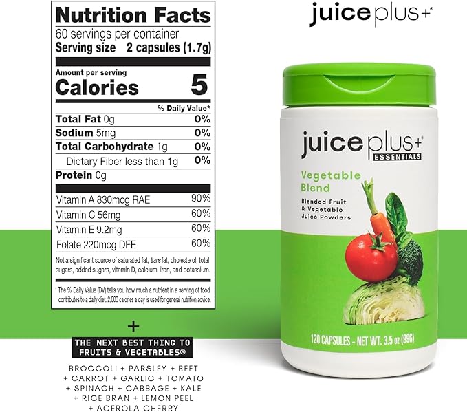 Juice Plus+ Fruit, Vegetable, Berry & Omega Blend Capsules - Nutrition from 30 Fruits, Vegetables & Berries + Plant-Based Omega Fatty Acids - 4 Bottles (60 Servings Each)