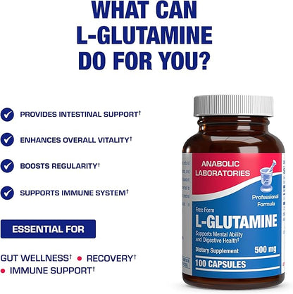 Free Form L-Glutamine Supplement - Clinical L Glutamine Capsules 500mg for Gut Health and Immune Support - Powerful Amino Acid Glutathione Precursor - Non-GMO & Made in The USA - 100 Servings