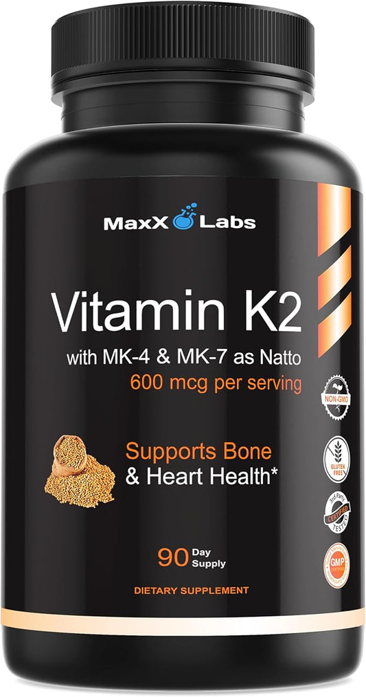 Vitamin K2 Supplement - Full Spectrum Vitamin K2-MK7, MK4 & Vitamin D - High Strength K2 Works with Vitamin-D3 - Vitamin-K 600mcg - Supports Bone Health - 90 Capsules