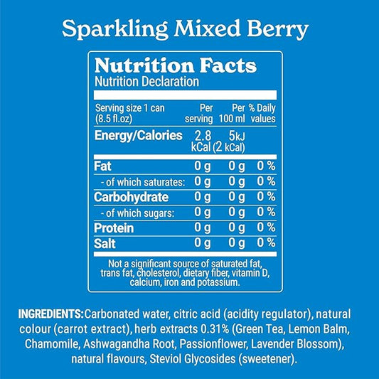 Tranquini Calming Drink With Herbal Adaptogens | Sparkling Water Stress Relief Beverage | Sugar Free, Non Alcoholic, Gluten Free, Vegan - 250ml Mixed Berry (12 cans)