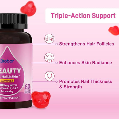 Beauty Gummies No Sugar Added, Hair Skin and Nails with Vitamins A C E, Natural 6000mcg Biotin Gummies for Women Men, GMO Free, Gluten Free