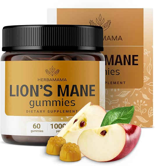 HERBAMAMA Lion's Mane Gummies - 1000mg Lion's Mane Mushroom for Brain Clarity Support - Vegan, Non-GMO Focus Supplement for Adults - 60 Pectin-Based Apple-Flavored Chews