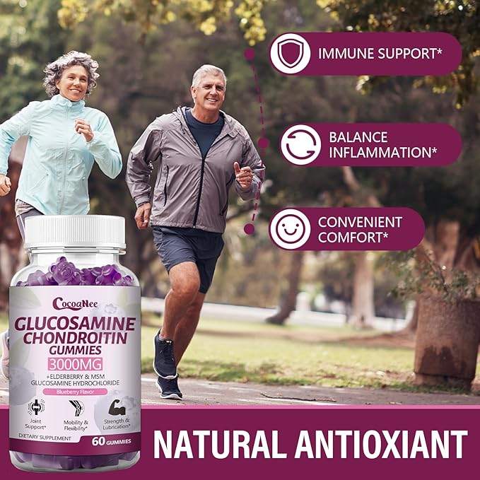 3000MG 1 Pack Glucosamine Chondroitin Gummies, Extra Strength Joint Support Supplement with MSM & Elderberry, Flexibility, Antioxidant Immune Support Gummy for Adults, Men & Women 60Cts