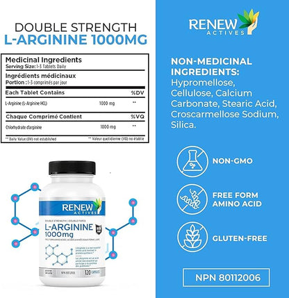 Renew Actives L-Arginine Supplement 1000MG for Serving - Strength & Endurance, Essential for Protein Synthesis & Muscle Function, Physical Performance Booster - Made in Canada - 120 Tablets