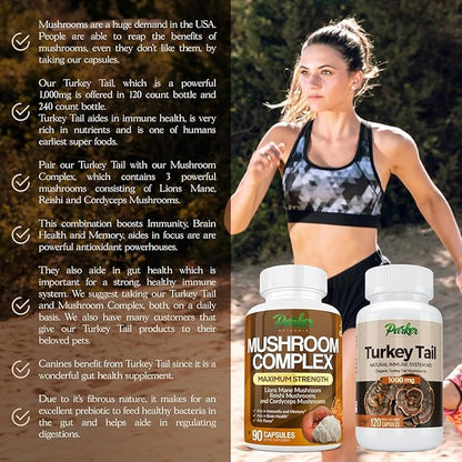 Turkey Tail Mushroom Capsules - Organic Mushroom Supplement for Immune System Health Support - 1000 mg Premium Mushroom Supplements - 120 Capsules