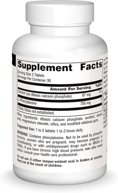 Source Naturals DLPA DL-Phenylalanine 375 mg Supplement That Supports an Alert State - 60 Tablets