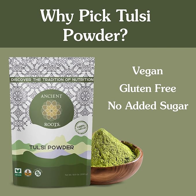 Ancient Roots Tulsi Powder - 100% Pure & Natural, Non-GMO, Gluten-Free, Finely Ground Holy Basil for Teas, Smoothies, and Recipes, 10.5 oz Resealable Bag