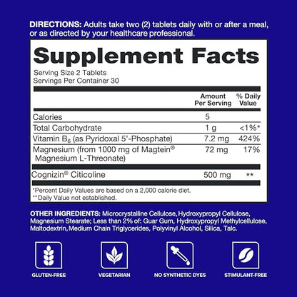 Qunol Brain Health Memory Plus with B6, Magnesium L-Threonate & Citicoline, Clinically Tested Ingredients to Improve Memory, Focus, Attention and Productivity, 60 Count (Pack of 1)