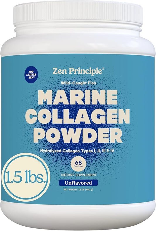 Zen Principle Marine Collagen Peptides Powder 1.5 lb. Wild-Caught Fish, Non-GMO. Supports Healthy Skin, Hair, Joints and Bones.Hydrolyzed Type 1 & 3 Protein. Amino Acids.Unflavored, Easy to Mix.